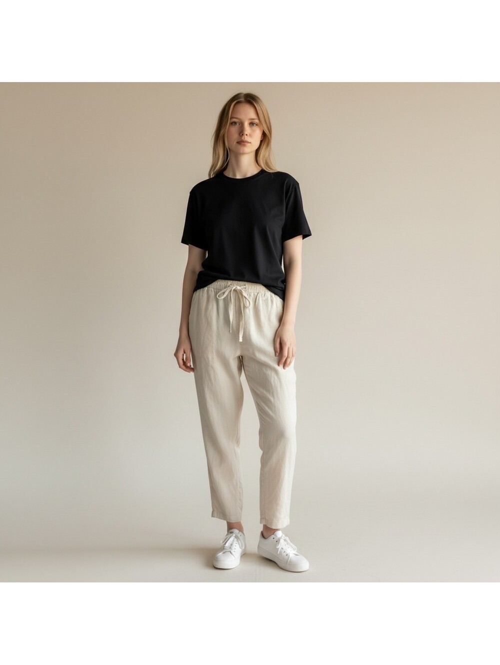 Sonoma Pants Women L Large Beige High Rise Flat Front Chino Drawstring Cotton